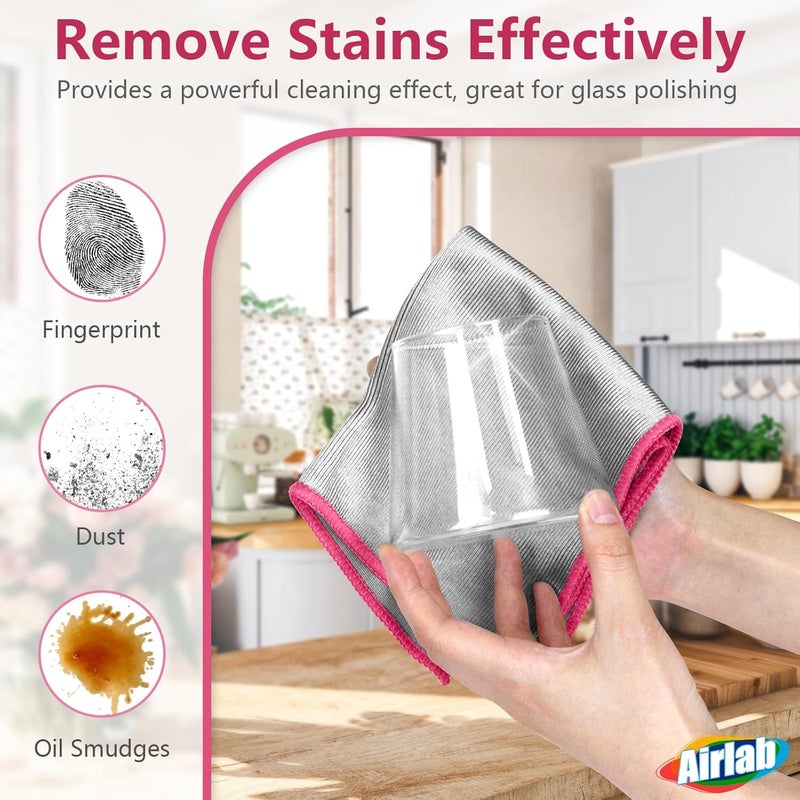 Airlab Glass Polishing Cloth Streak Free Miracle Microfiber Cleaning Cloth Lint Free Cleaning Rags for Glasses Kitchen Dish Mirrors Easy Clean, Pack of 6, 12" x 12", Sliver-Pink - Image 2